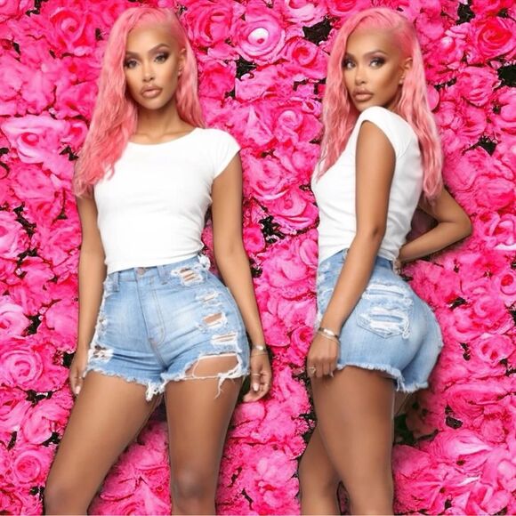 Fashion Nova Jean Shorts Blue Distressed Frayed Ripped Denim Size 11 Waist 30 - Picture 8 of 16